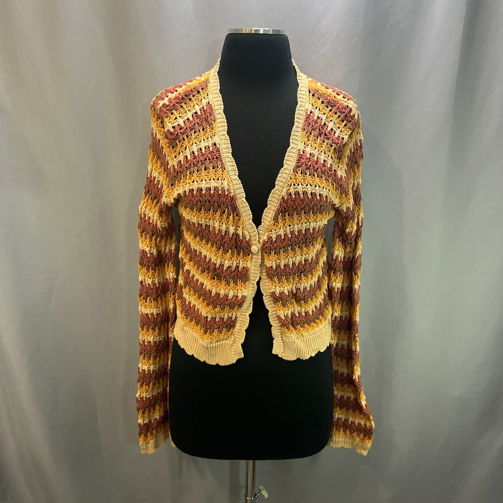 West Of Melrose Crochet Cardigan Sweater Womens Large Multicolor Stripes Cropped